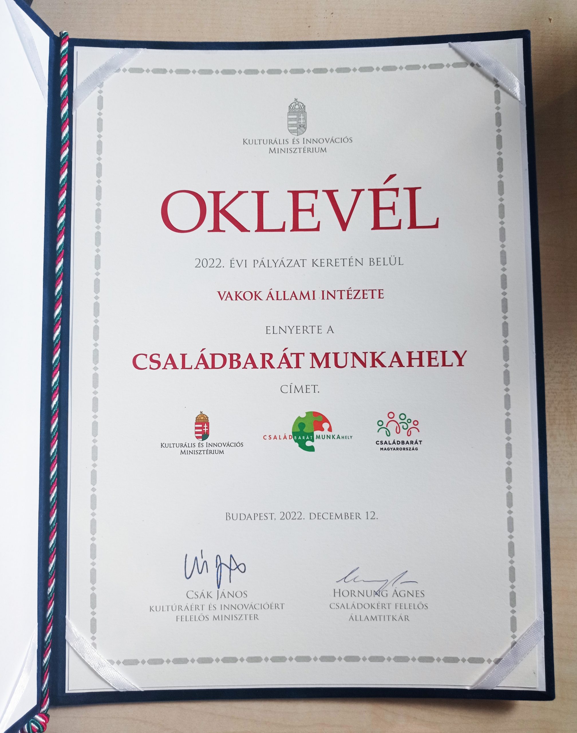 Családbarát munkahely oklevele